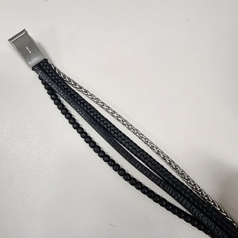 Multi-Strand Stainless Steel & Black Braided Beaded Faux Leather Bracelet Unisex